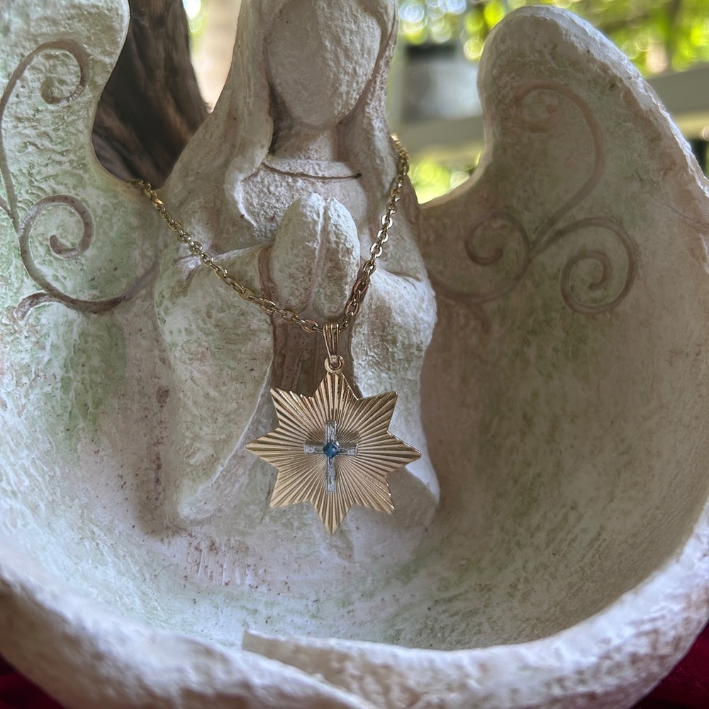 🍓GOLD PLATED VINTAGE DECEMBER BIRTHSTONE NECKLACE RELIGIOUS TURQUOISE NECKLACE